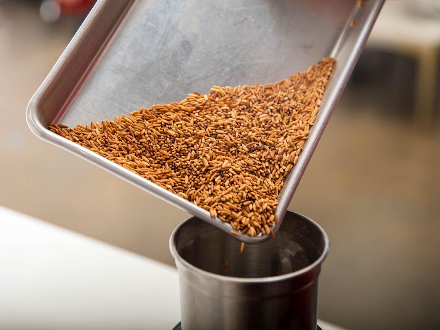Transferring toasted rice to a spice grinder.