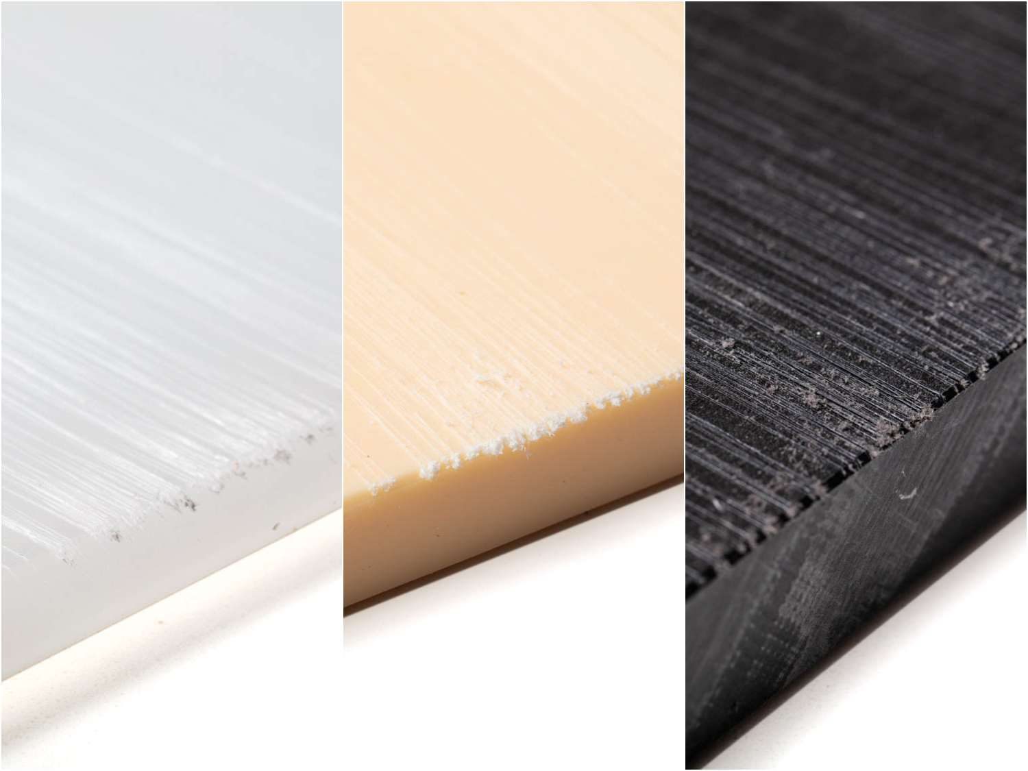 Which plastic cutting board material is most durable? This composite shot shows the knife damage to three examples.