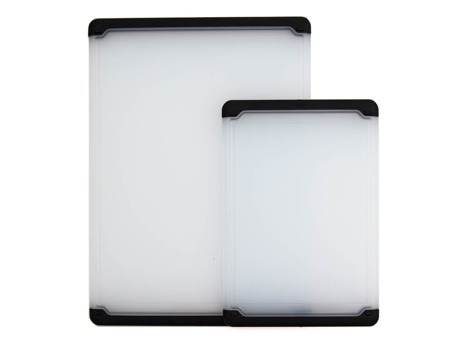 Oxo's plastic cutting board come in three sizes, but only the small and medium (shown here) can be purchased as a pair.