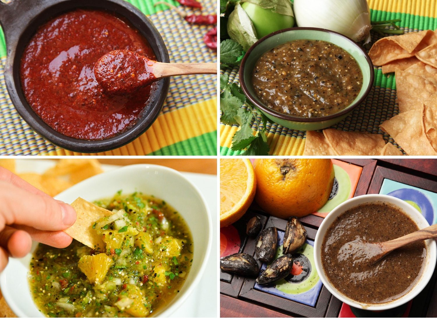 Collage of photographs of salsas: Yucatecan hot salsa (k'uut bi ik), charred salsa verde, orange-tomatillo salsa, and extra-hot Yucatecan salsa (chile tamulado)