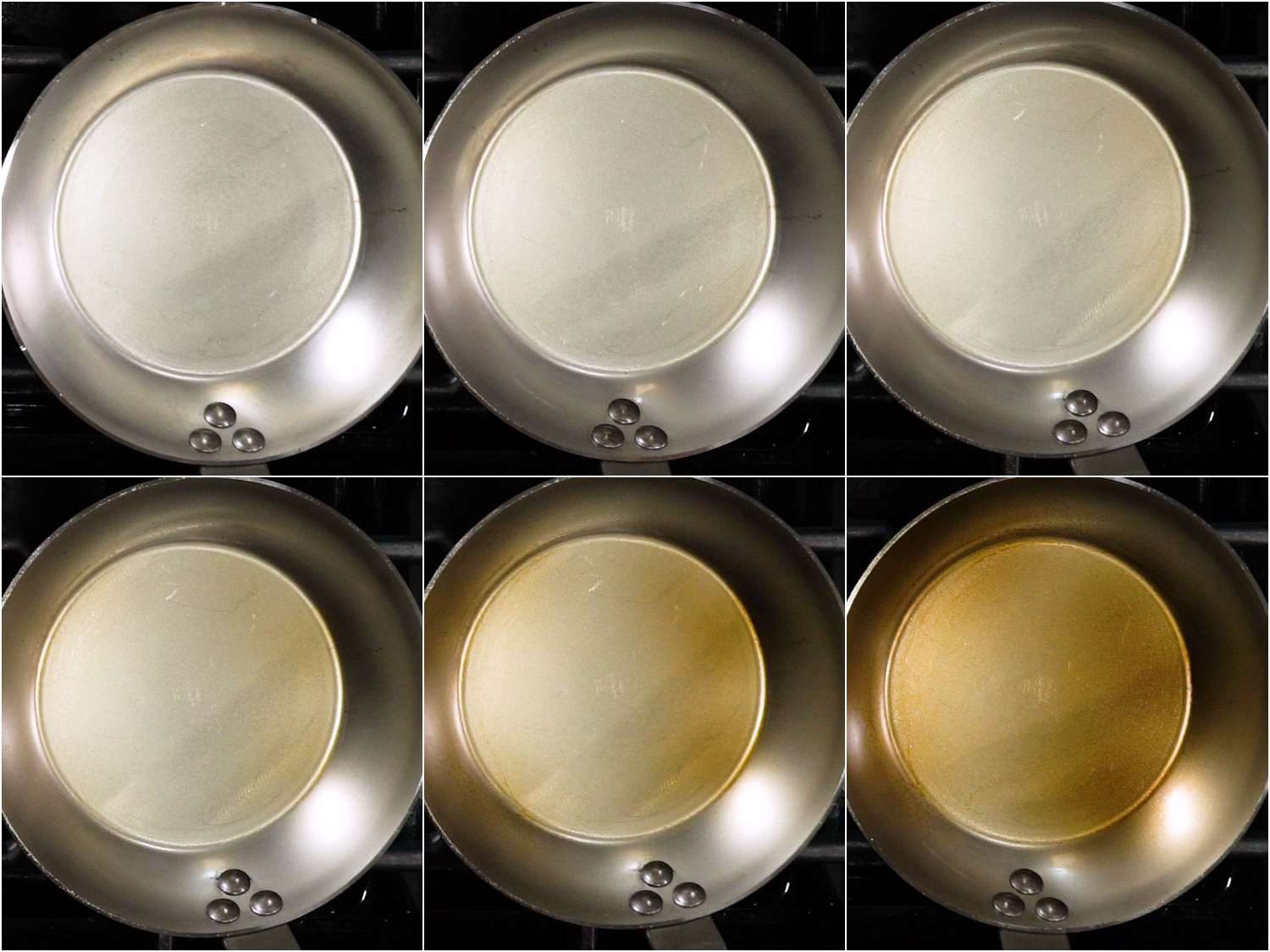 A time-lapse sequence showing seasoning forming on a new carbon steel pan (the pan goes from a metallic color to brown)