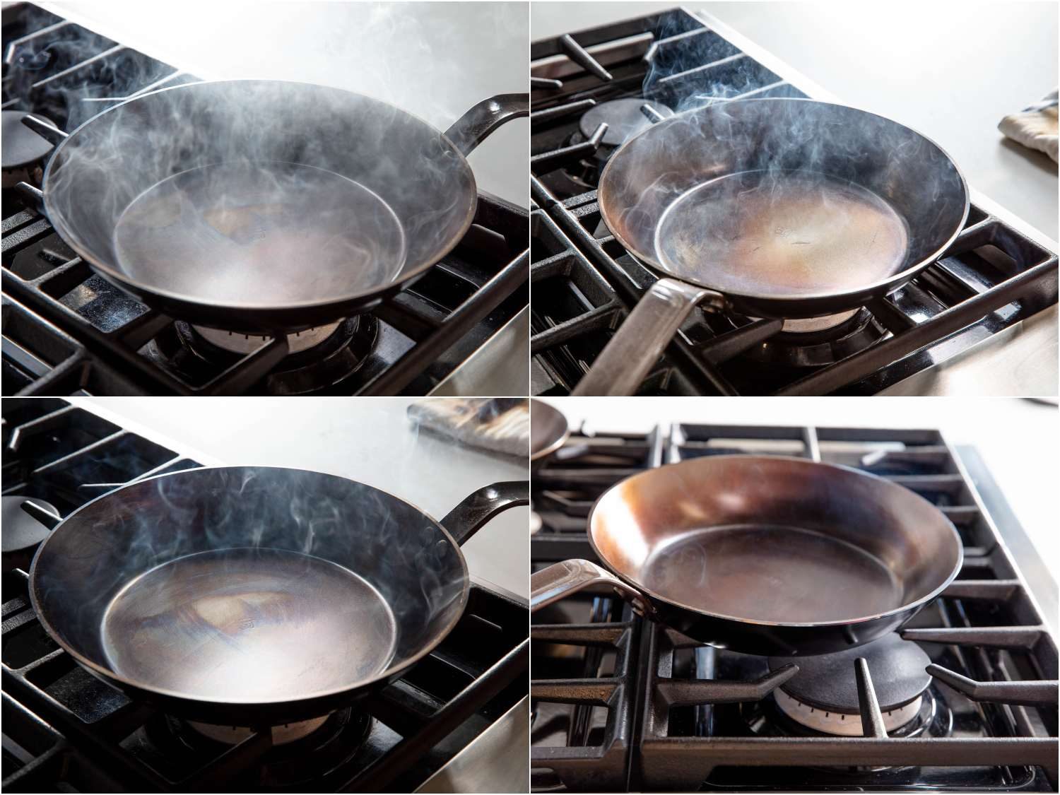 Burning seasoning onto a carbon steel pan; the sequence shows a pan smoking heavily, and eventually the smoke fades.