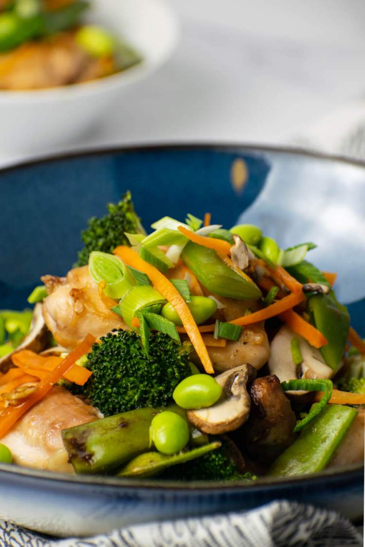 Soy chicken in a blue bowl with vegetables and a spoon.