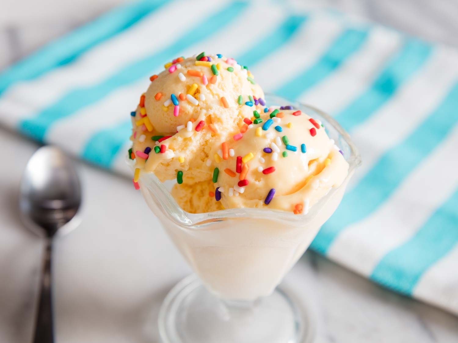 A stemmed dish of vanilla no-churn ice cream, topped with rainbow sprinkles