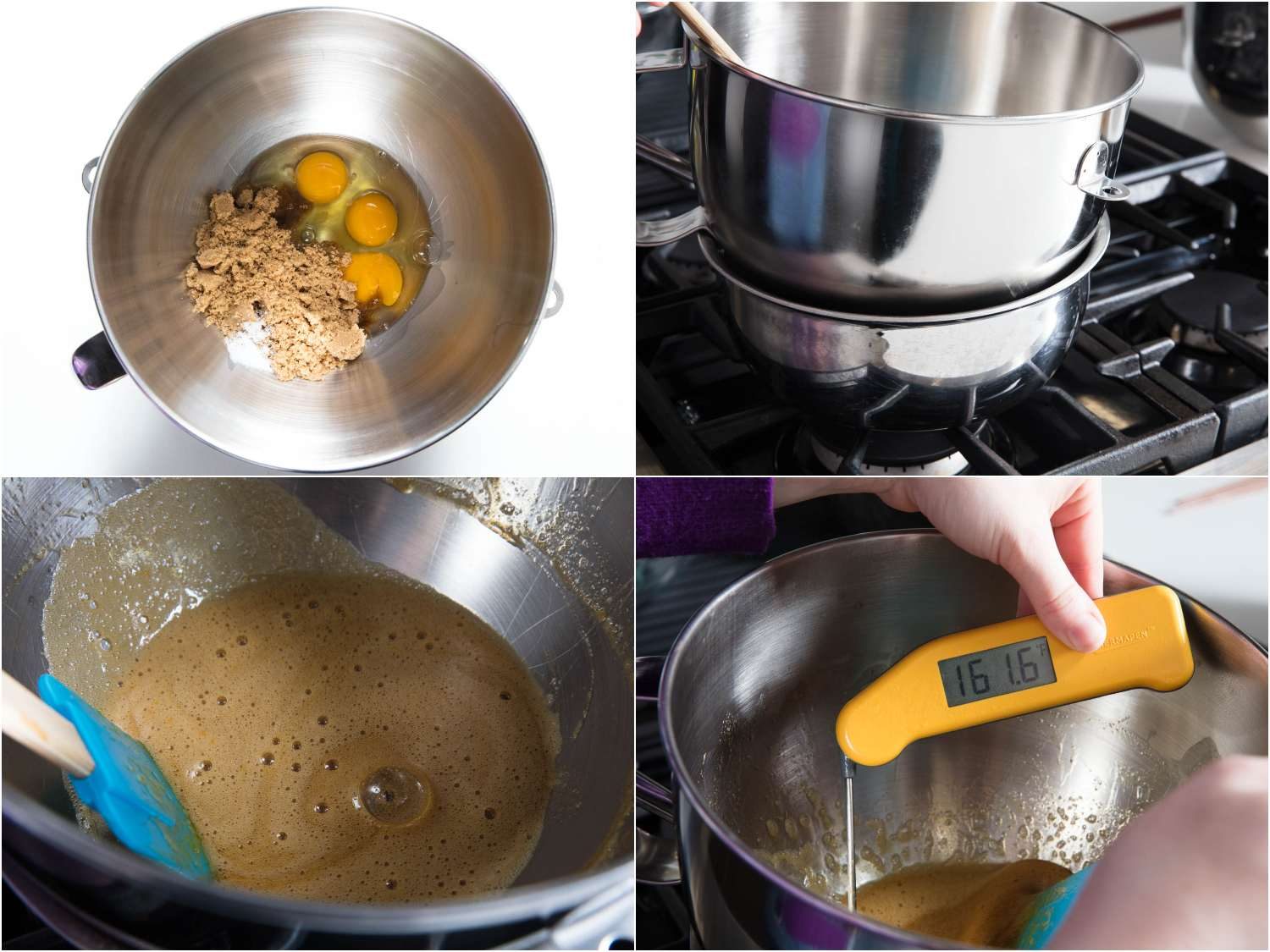 cooking the eggs and brown sugar over a water bath