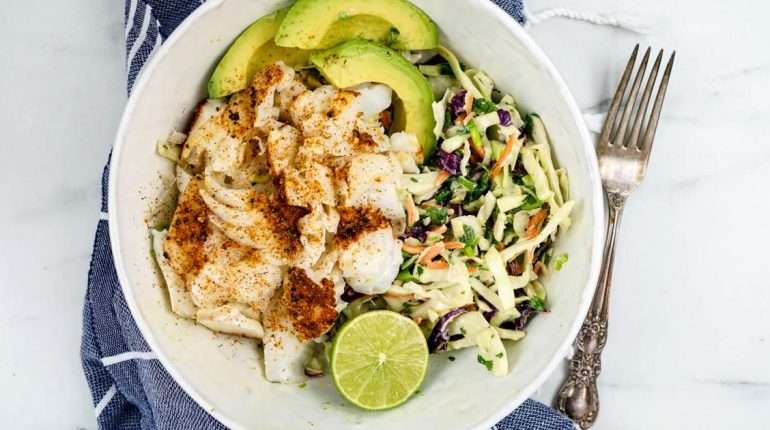 Ancho Fish Taco Bowls with Lime Slaw and Avocado