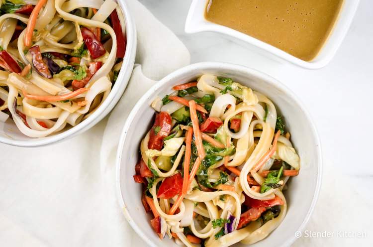 Asian Noodle Salad with rice noodles, vegetables, and creamy almond dressing.