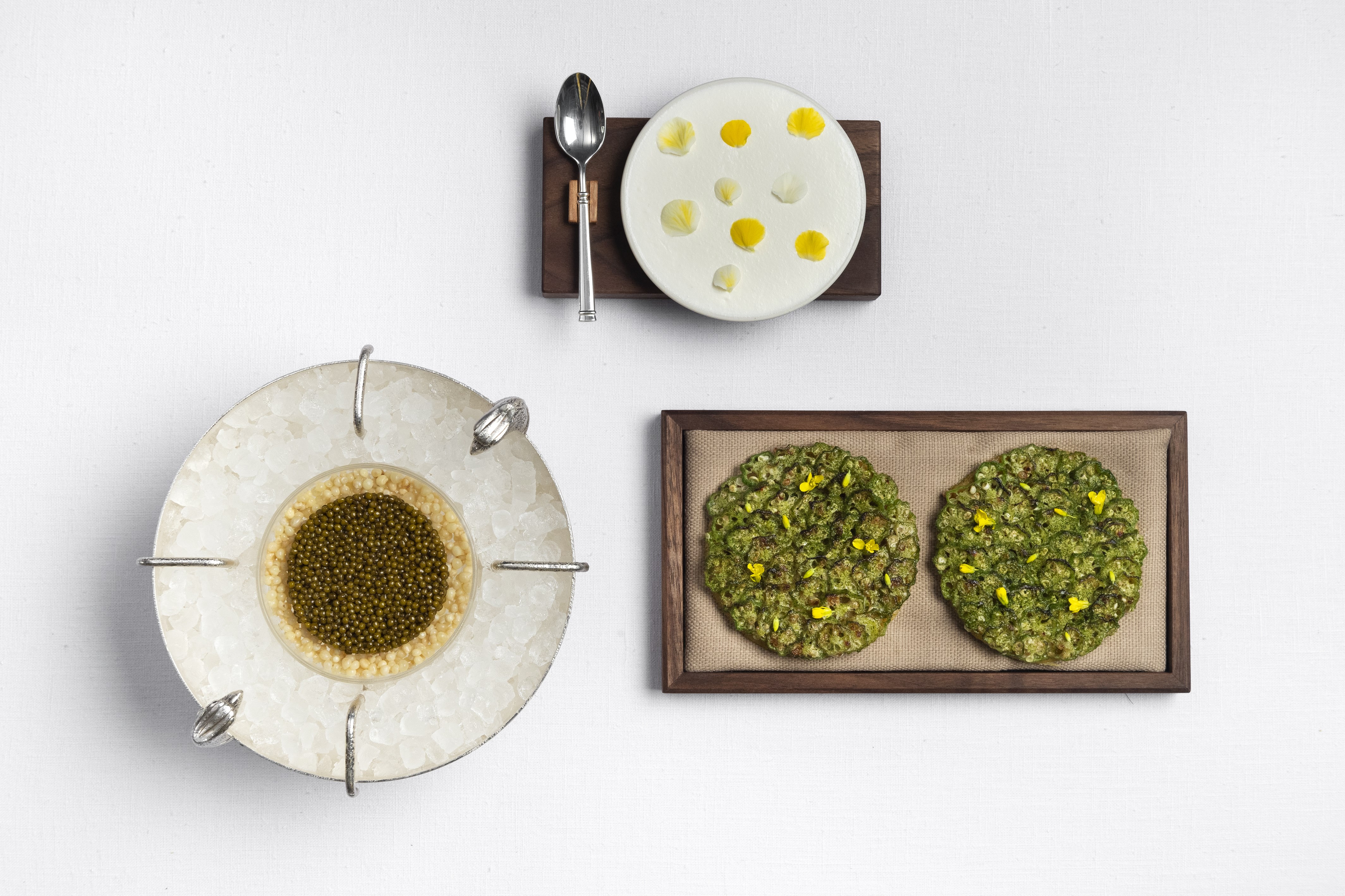 Caviar with okra and corn flatbread Evan Sung