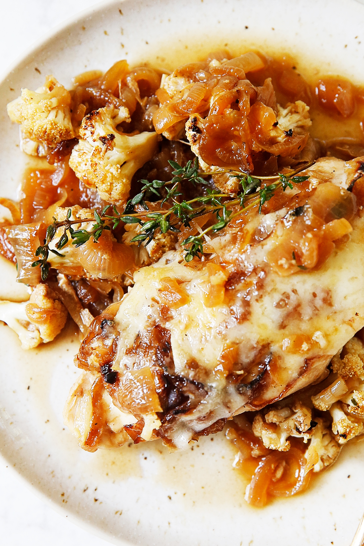 French onion soup chicken casserole on a plate