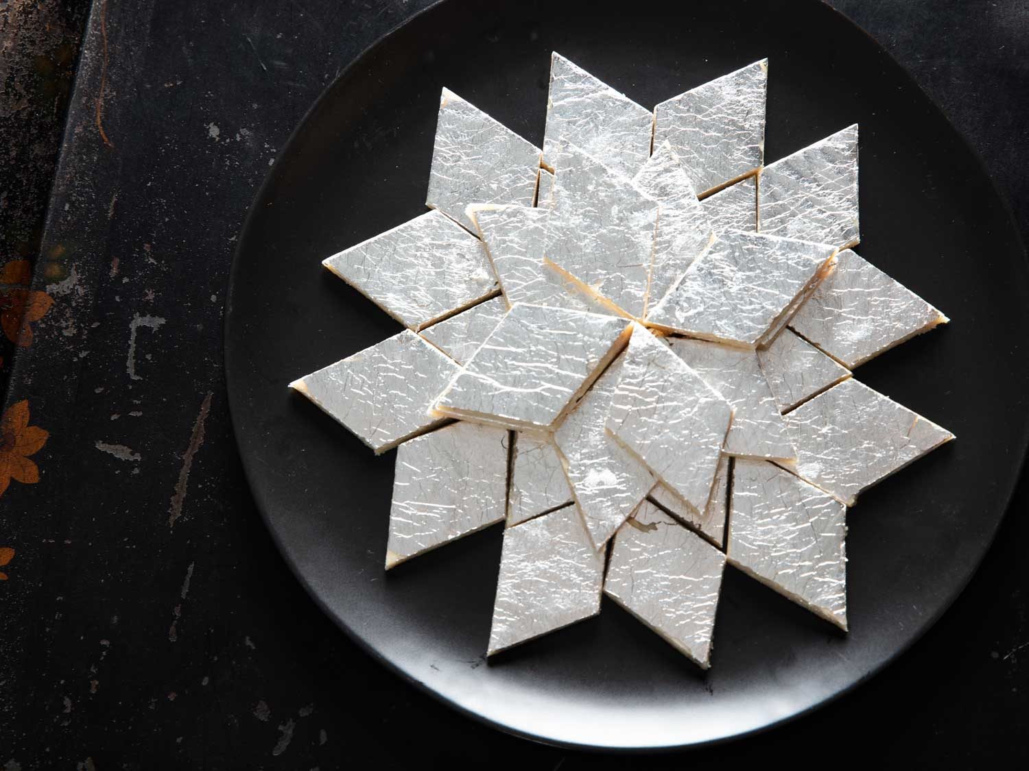 Overhead view of plate of kaju katli