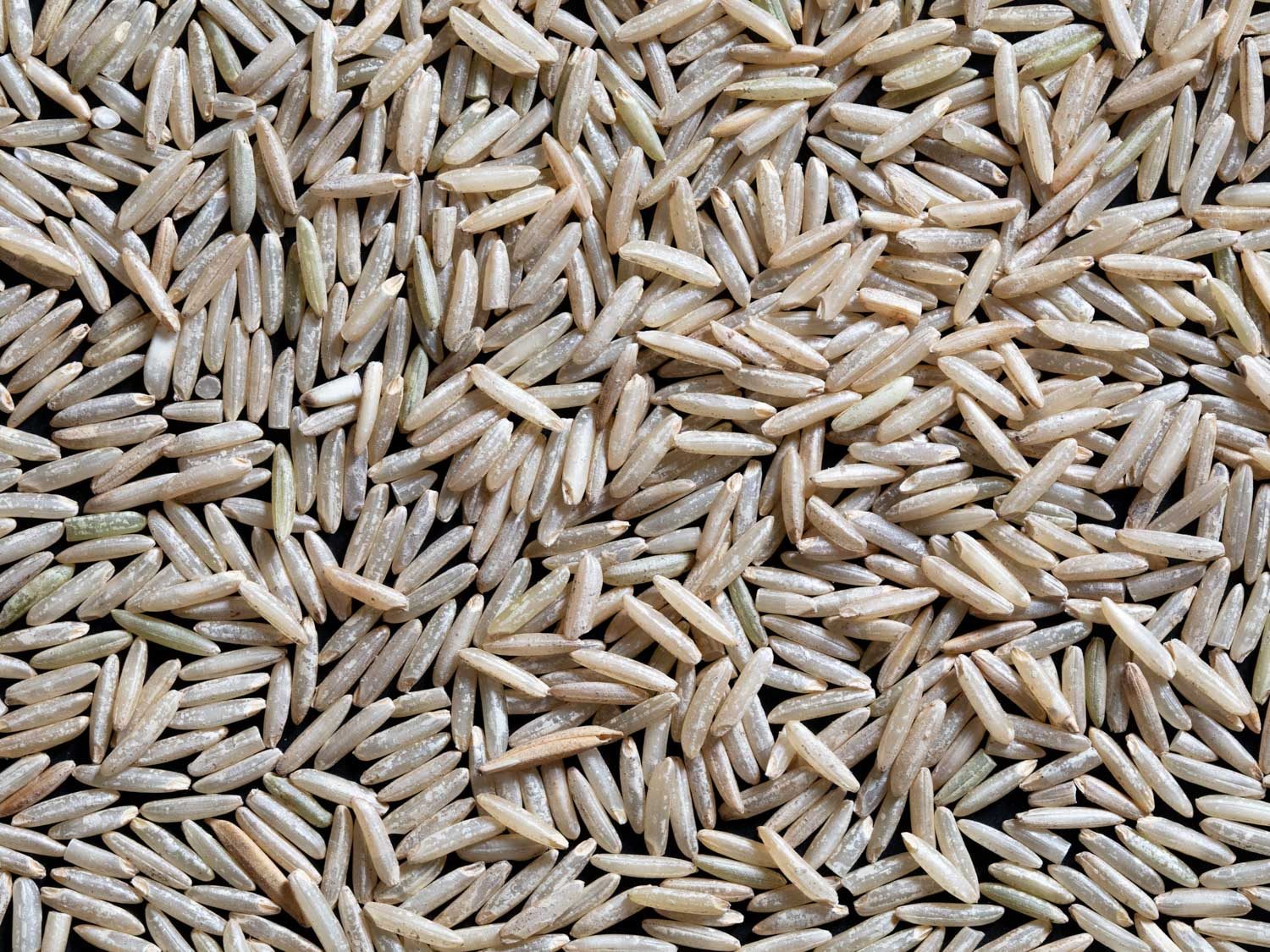 Overhead close-up of long brown basmati rice grains on a flat surface