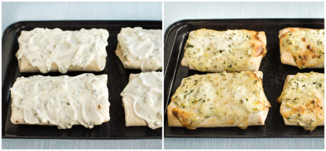 Vegetarian smothered burritos with sour cream sauce, before and after baking.