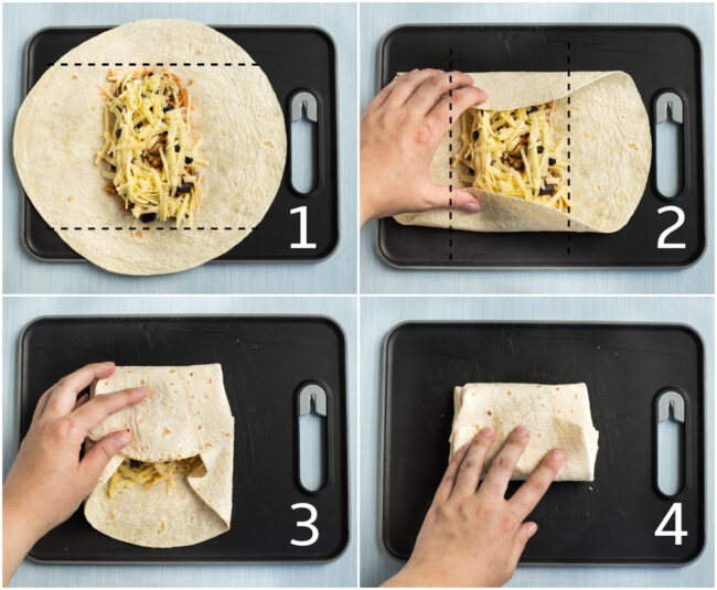 Collage showing 4 steps of how to fold a burrito.