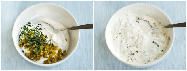 Collage showing how to make a simple jalapeno sour cream sauce.