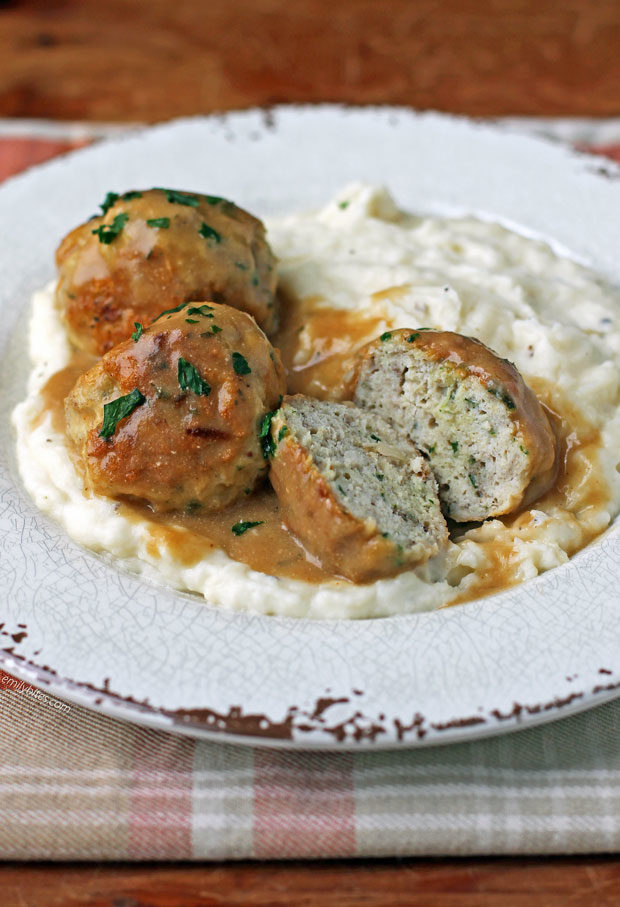 Swedish Turkey Meatballs cut open on a plate