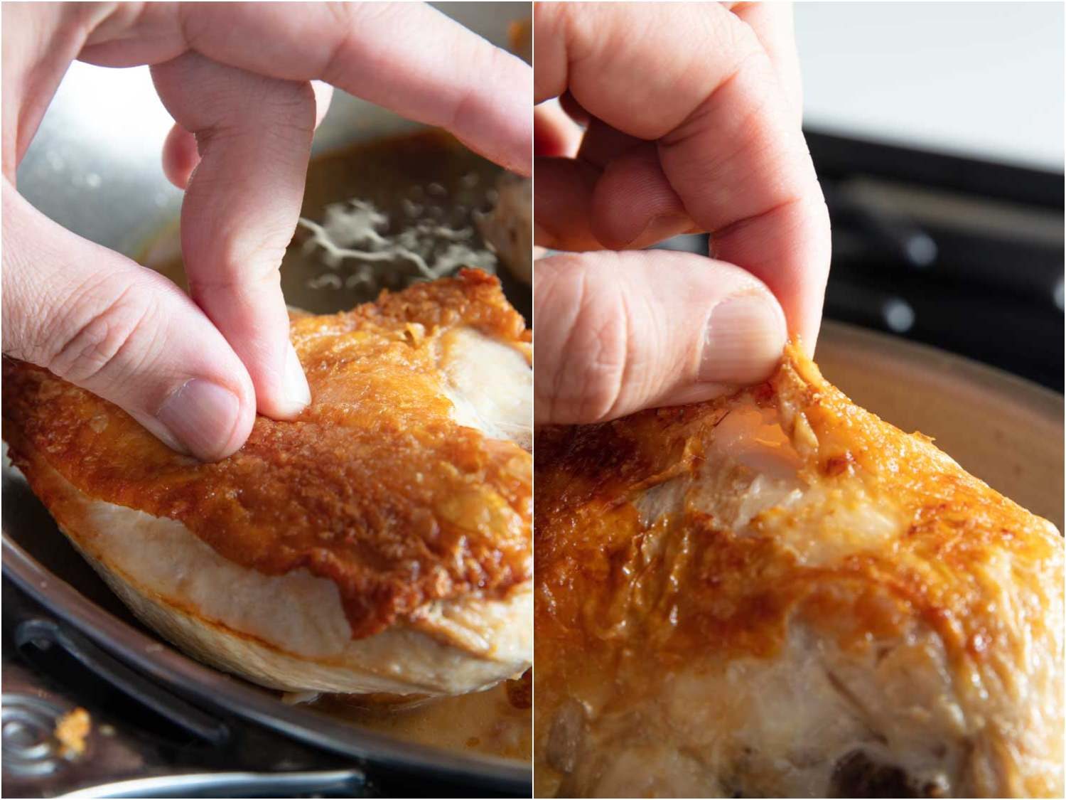 A side-by-side image showing how crisp the skin is on chicken cooked in a stainless steel skillet versus a nonstick one. The skin on from the nonstick skillet bird is easier to pinch because it's less crispy in many areas.