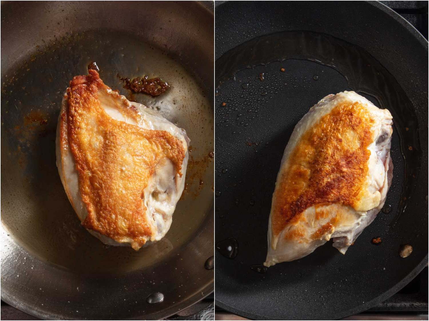 Seen from above, two samples of chicken breast show the difference between stainless steel and nonstick pans: the breast cooked in the stainless skillet is browned from edge-to-edge, whereas the chicken cooked in the nonstick skillet does not have browning that extends to the edges
