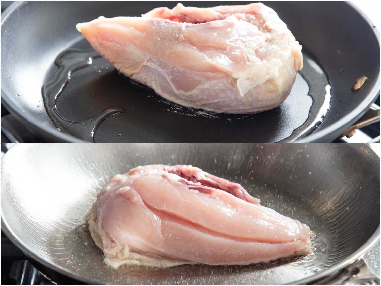 A side-by-side image showing how chicken adheres better to a stainless steel skillet than a nonstick one, leading to more complete browning