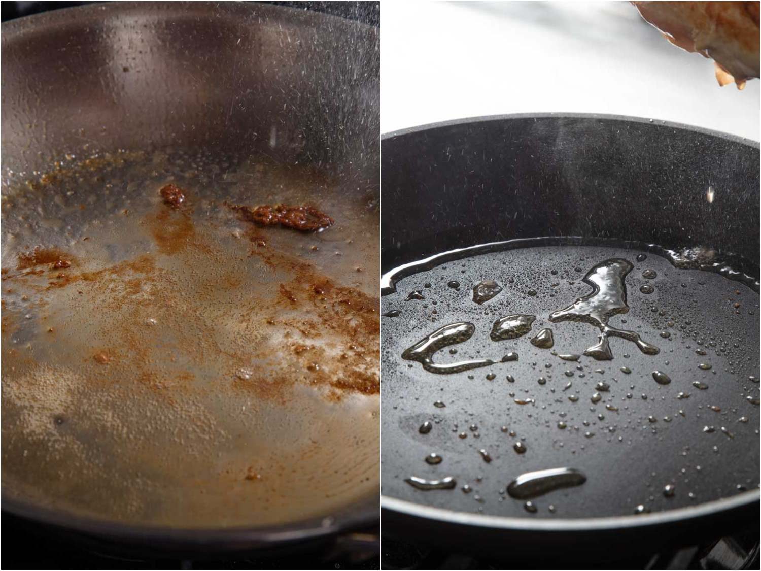 A side-by-side image showing the fond (browning) that develops on the bottom of a stainless steel skillet compared to the lack of it in a nonstick one.
