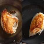 Seen from above, two samples of chicken breast show the difference between stainless steel and nonstick pans: the breast cooked in the stainless skillet is browned from edge-to-edge, whereas the chicken cooked in the nonstick skillet does not have browning that extends to the edges