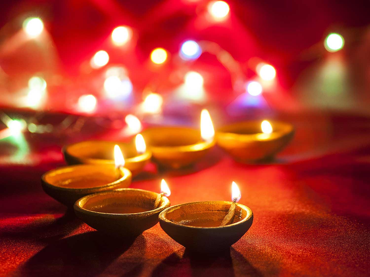 Clay oil lamps lit for Diwali