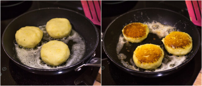 Collage showing mashed potato cakes frying in a pan.