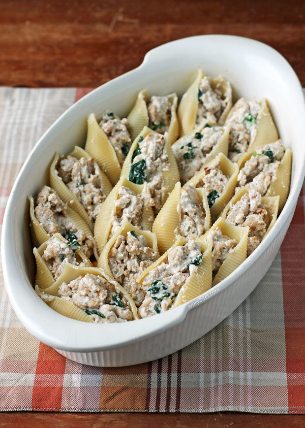 Pumpkin and Sausage Stuffed Shells prep