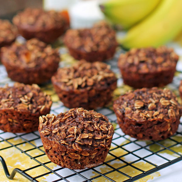 Chocolate Coconut Banana Baked Oatmeal Singles in a row