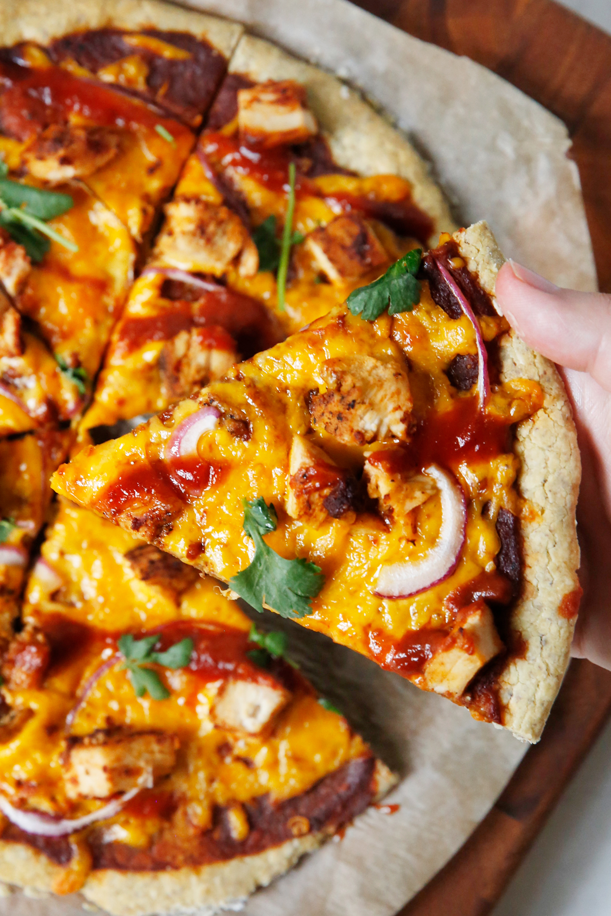 Slice of gluten-free bbq chicken pizza