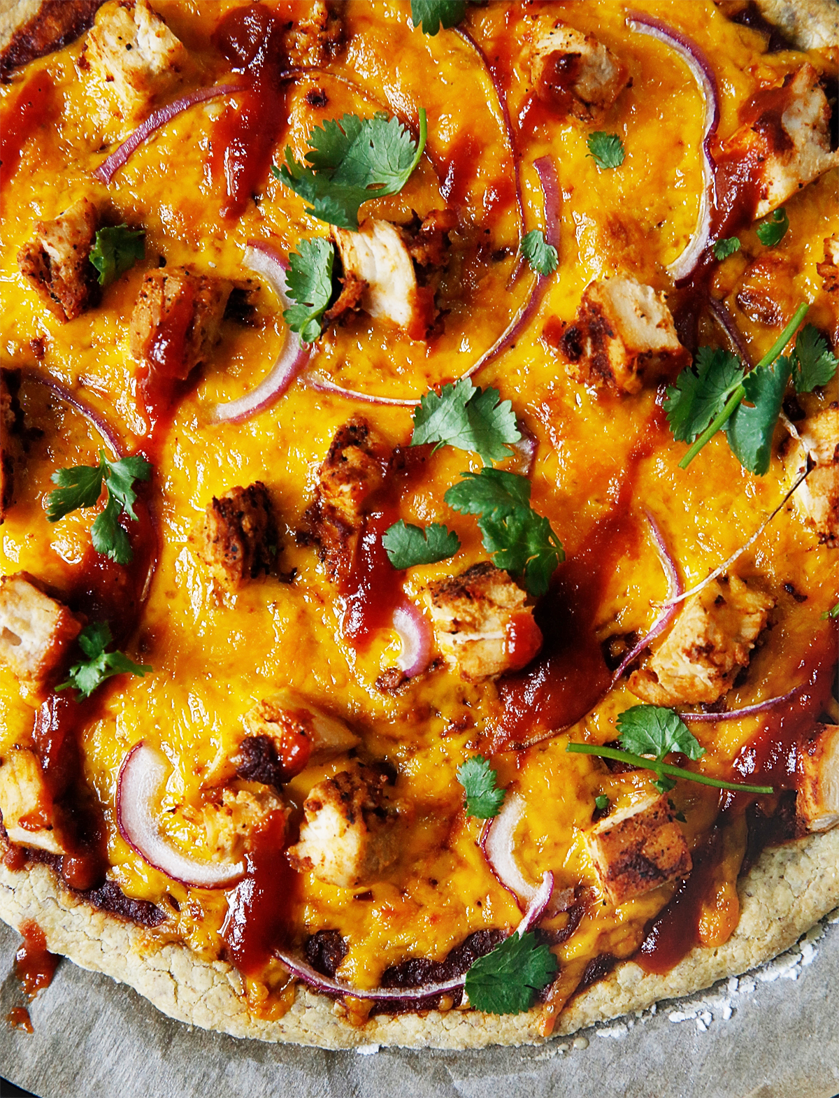 A whole bbq chicken pizza