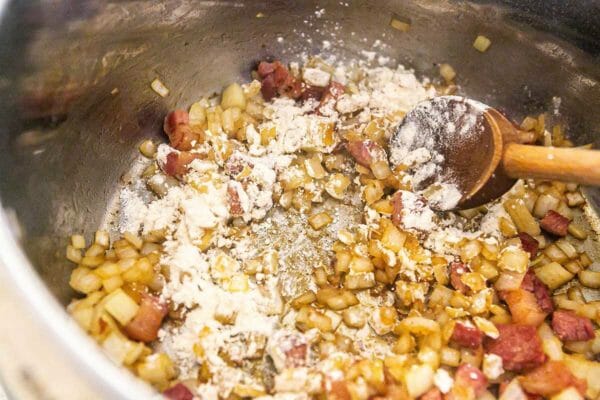 Salt pork and onions mixed with flour to make a roux