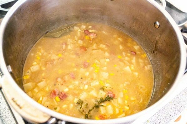 Pot of New England Clam chowder after simmering