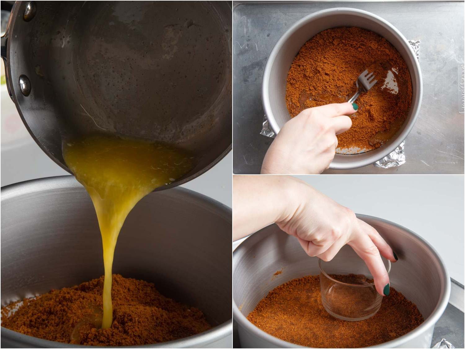 Adding melted butter to the cookie crumbs in a cheesecake pan to prepare the crust