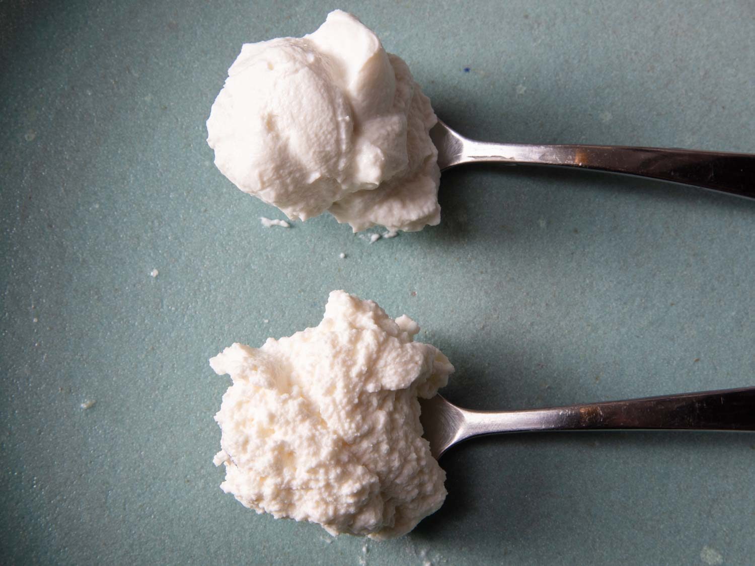 side by side comparison of two ricotta styles, one grainy and coarse, the other creamy and smooth