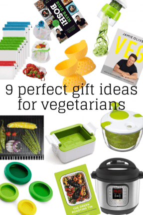 A collage showing 9 perfect gift ideas for vegetarians.