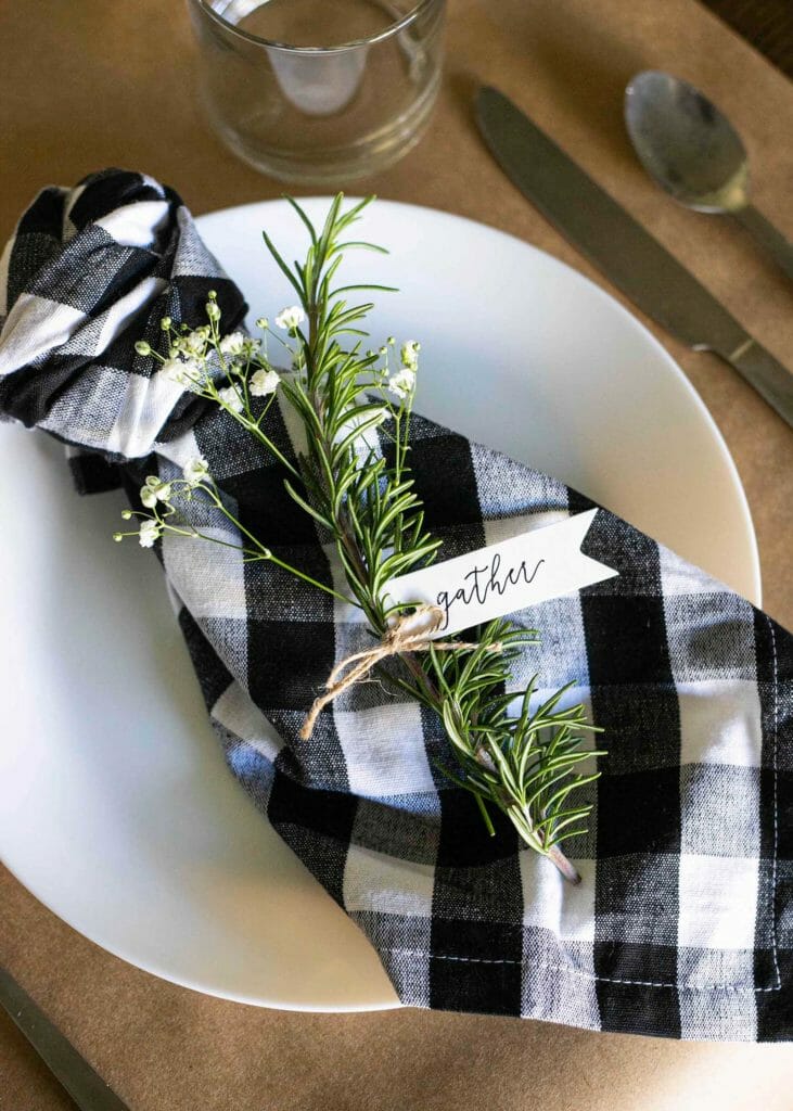 rosemary name place cards on checkered cloth napkins