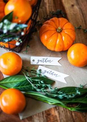 clementines and pumpkins with gather place cards
