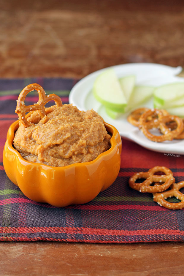 Pumpkin Spice Hummus with pretzels and apples