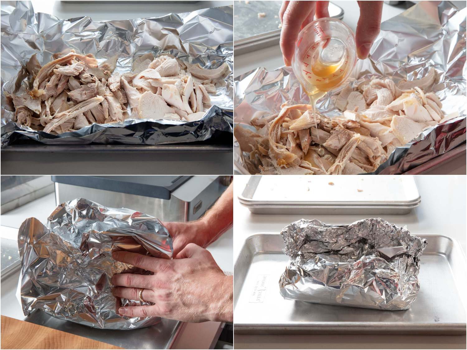 Photo collage of reheating leftover turkey in the oven with a touch of turkey stock in a foil packet.