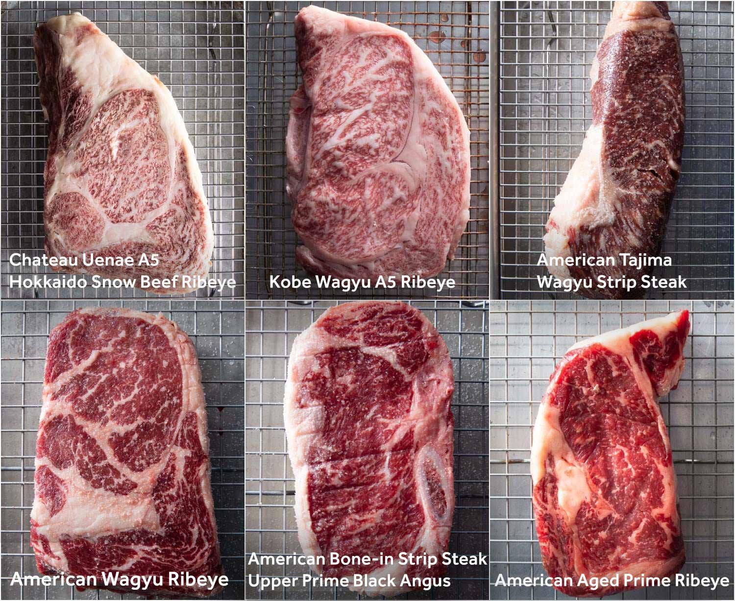 Photo collage of the six different steaks cooked for the wagyu tasting.