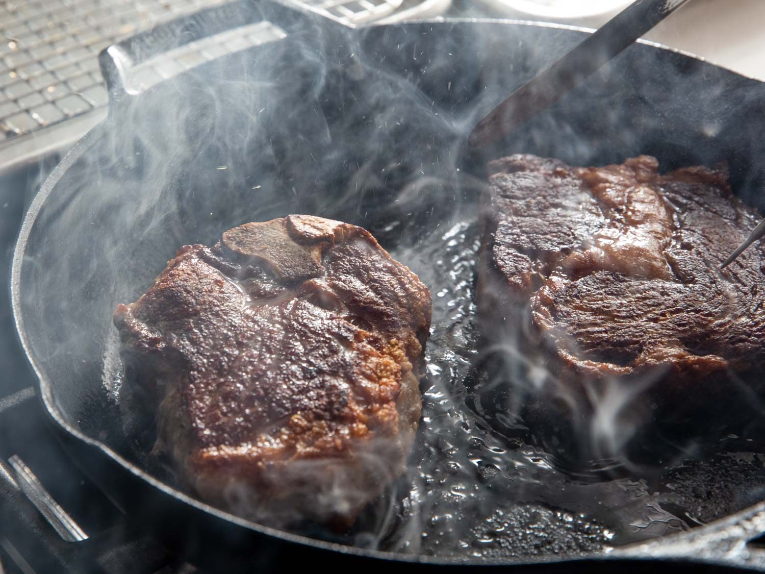 Searing steaks in a cast iron skillet