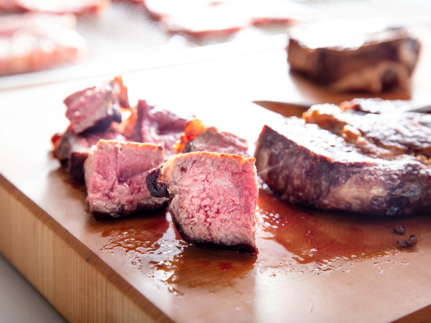 Sliced American wagyu steak on a cutting board