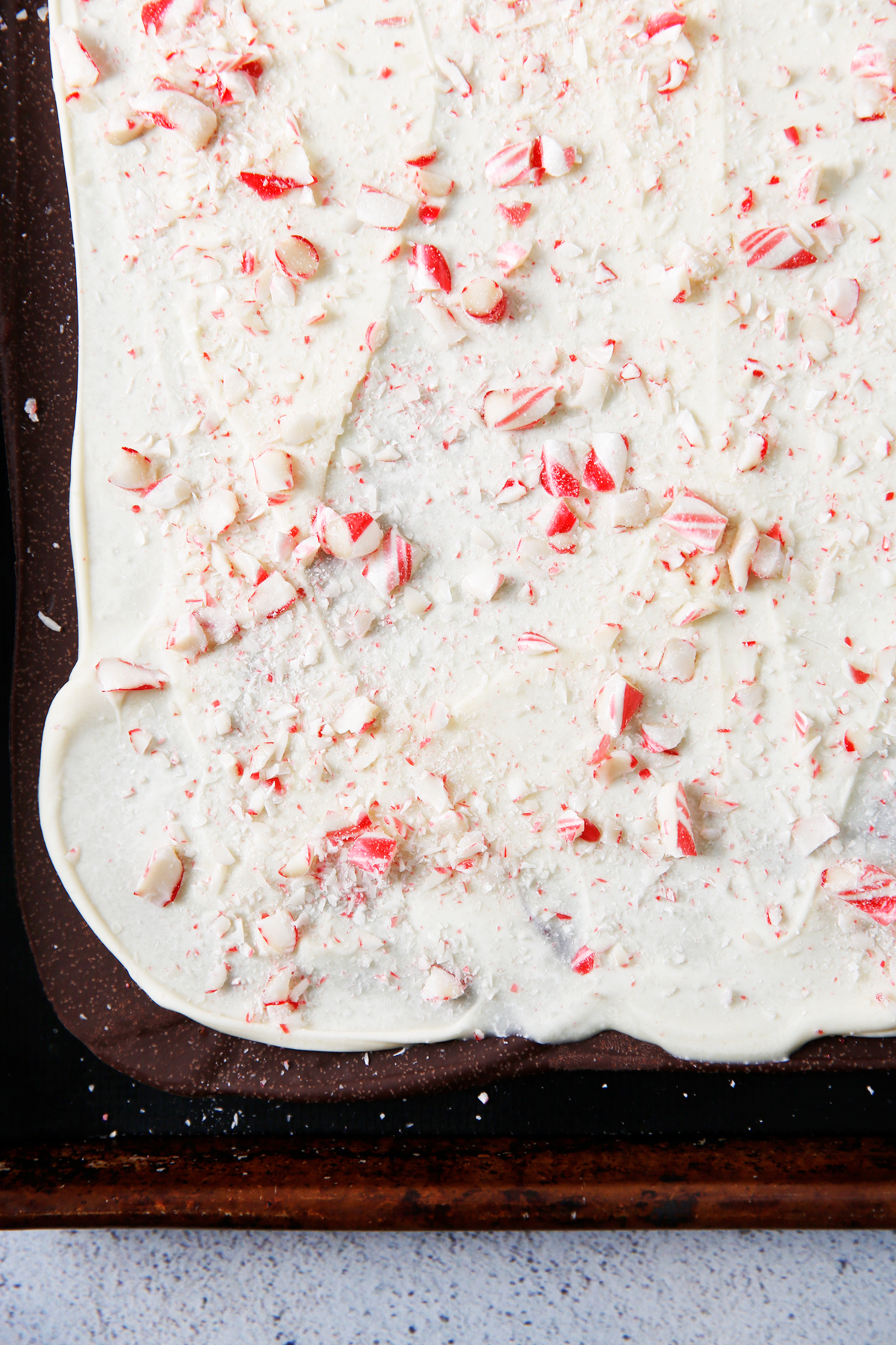 Diy peppermint bark on a sheet tray