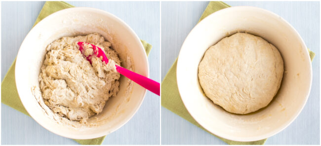 Collage showing pizza dough before and after kneading.