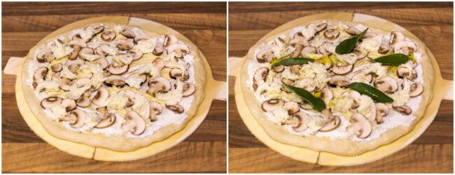 An uncooked white pizza topped with mushrooms and sage.