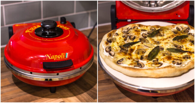 Optima Pizza Express Napoli countertop pizza oven being used to cook a mushroom pizza.