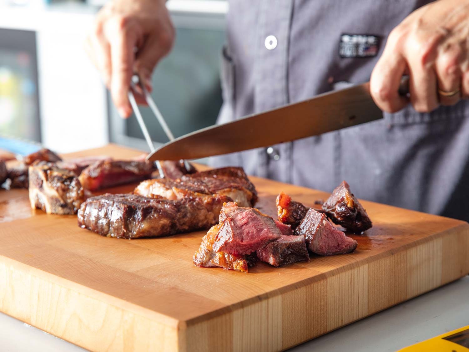 Slicing the wagyu and other steaks after cooking