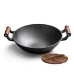 ZLDGYG Iron Wok with Handles and Wooden Wok Lid,