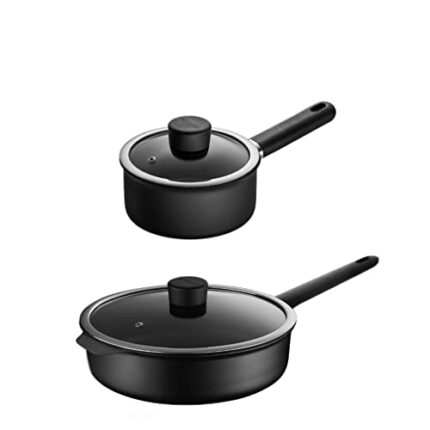 DJASM Cookware Set Black Pan With Lid Cutlery