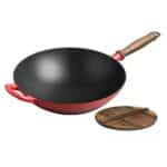 PDGJG Cast Iron Wok, Pre-Seasoned with Wooden Lid